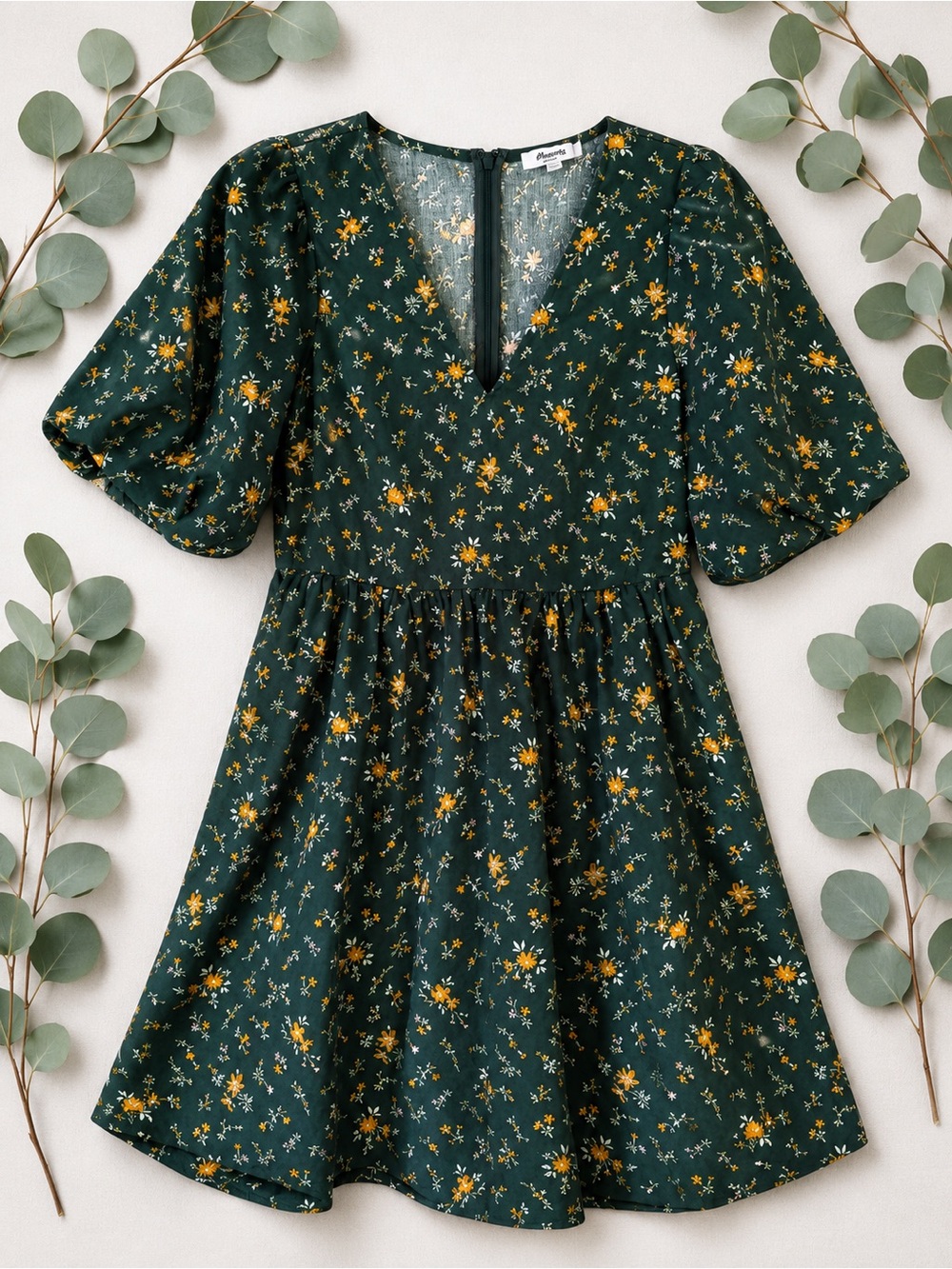 Madewell Poplin V-Neck Bubble-Sleeve Mini Dress in Fresh Sprigs 0 Cottagecore